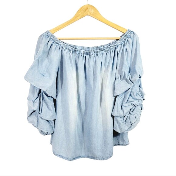 Distressed Chambray Off The Shoulder Tiered Balloon Sleeve Top in Light Blue - Picture 9 of 10